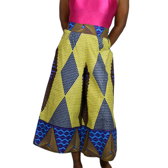 Grass Fields Ankara Wide Leg Crop Pants Yellow Gaucho African Print Small Medium - Picture 10 of 15